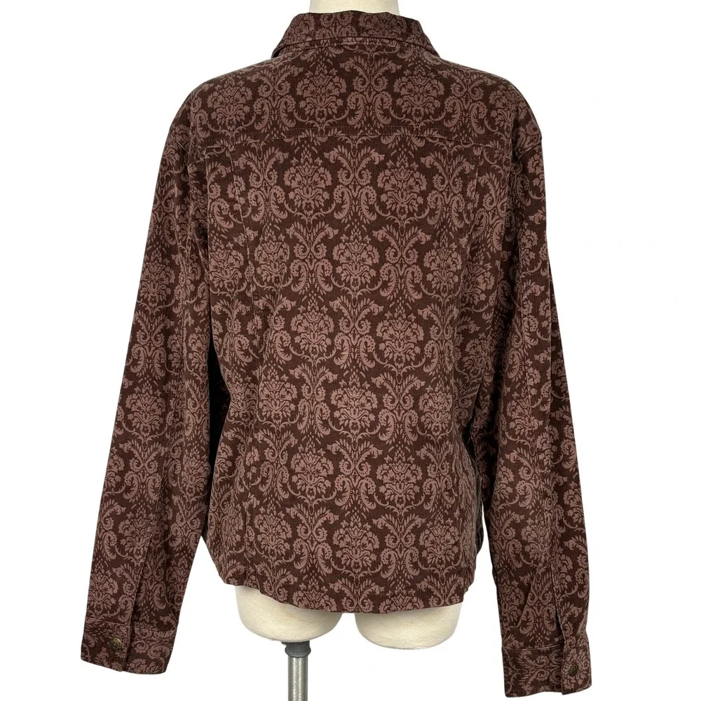 Dressbarn Corduroy Jacket Womens XL Brown Damask Print Snap Button Shacket‎